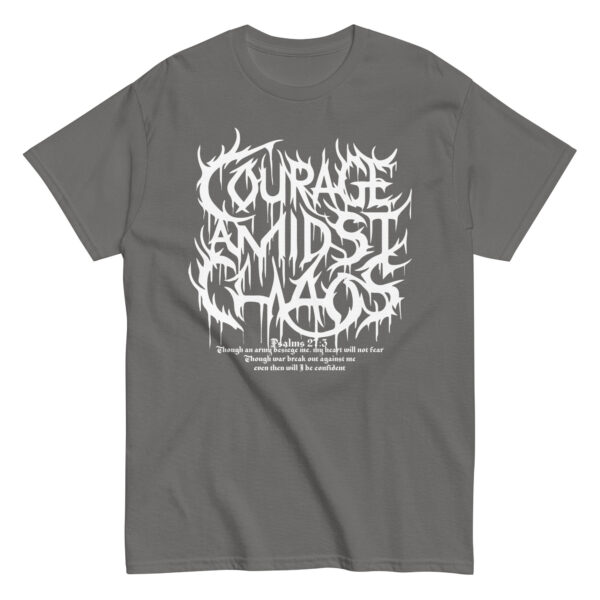 Courage Amidst Chaos Death Metal Logo Tee - Psalm 27:3 - Image 4