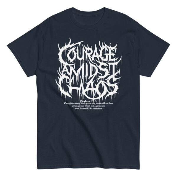 Courage Amidst Chaos Death Metal Logo Tee - Psalm 27:3 - Image 2