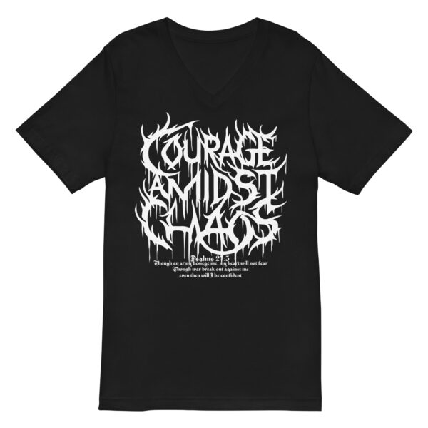 Courage Amidst Chaos Death Metal Logo V-Neck Tee - Women's Psalm 27:3 Inspired