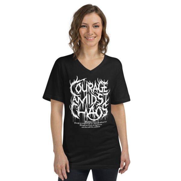 Courage Amidst Chaos Death Metal Logo V-Neck Tee - Women's Psalm 27:3 Inspired - Image 4