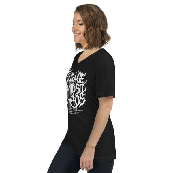 Courage Amidst Chaos Death Metal Logo V-Neck Tee - Women's Psalm 27:3 Inspired - Image 3