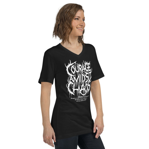 Courage Amidst Chaos Death Metal Logo V-Neck Tee - Women's Psalm 27:3 Inspired - Image 2